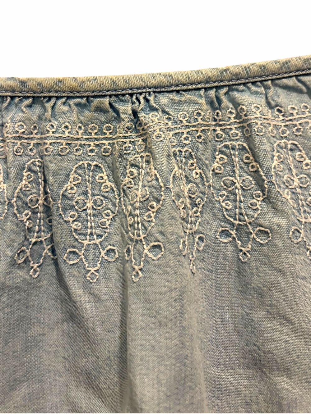 J.Jill Denim Embroidered Tencel Peasant Top Large Petite Tassel Boho Blue - Picture 9 of 14